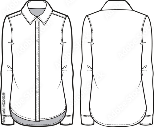 Women's Shirt Blouse flat sketch fashion illustration, Long sleeve formal shirt for girls and ladies template mock up