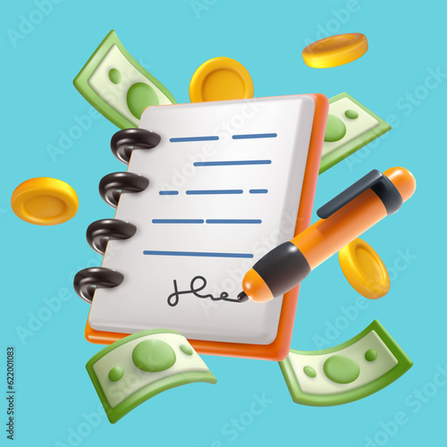 Vector 3d banking paper document with flying money and coins. Bright financial concept design in minimal style. Vivid render illustration.