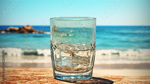 Glass with water in the sand of the beach. Vacation scene with glass on the shore line. Generative AI
