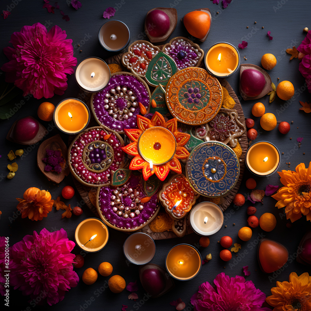 Generative AI illustrations, Happy Diwali - Diya lamps lit during diwali celebration Generative AI illustrations, Happy Diwali - Diya lamps lit during diwali celebration