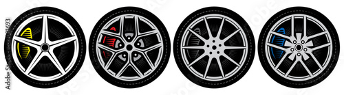 A set of four wheels with different rims. Template for design. Color vector illustration