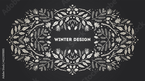 Luxury Christmas arabesque frame, abstract sketch winter floral design templates. Geometric monochrome square, holly backgrounds with fir tree. Use for package, branding, decoration, banners