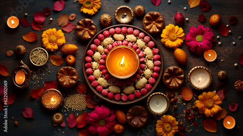 Generative AI illustrations, Happy Diwali - Diya lamps lit during diwali celebration