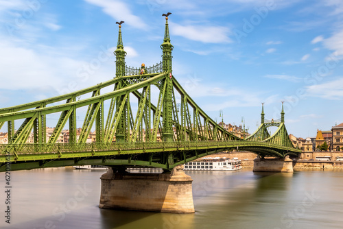 Green Liberty Bridge or Freedom Bridge  Szabadsag hid  across Danube river in Budapest  Hungary.