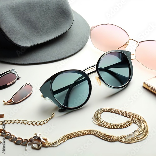 Stylish accessories with sunglasses on light background, real