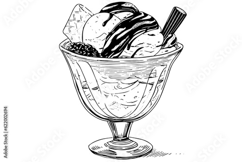 Ice cream scoops with berries and wafer sticks in glass cup. Ink sketch engraved vector illustration.