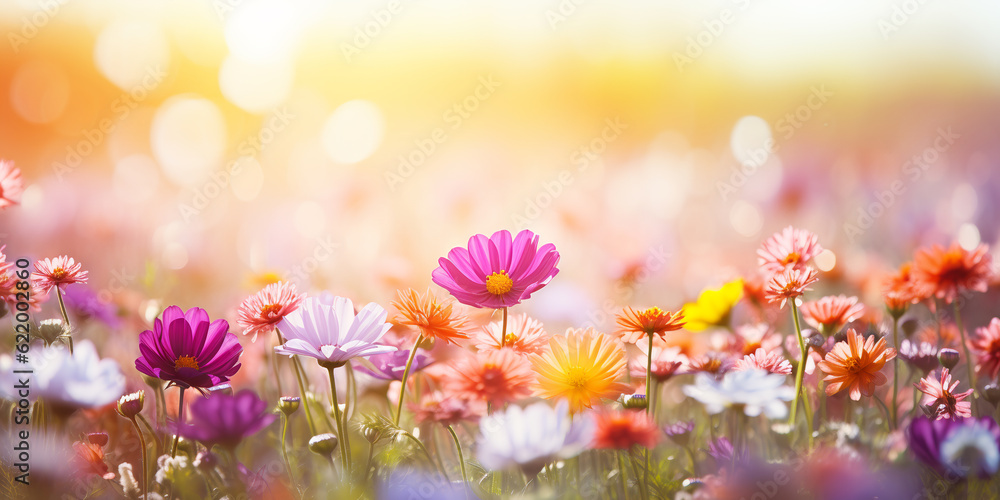 Fototapeta premium Colorful flower meadow with sunbeams and bokeh lights in summer - nature background banner with copy space - summer greeting card.ai generative