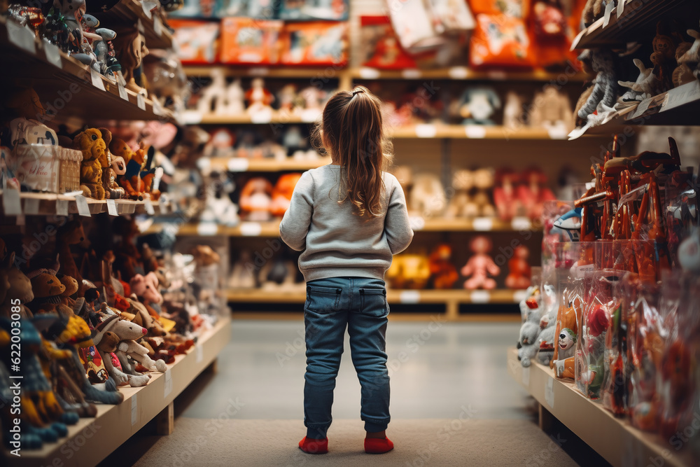 child in a toy store, back view. ai generative
