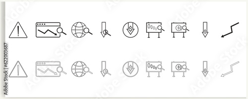 Economic crisis finance and money outline line black icons set.
