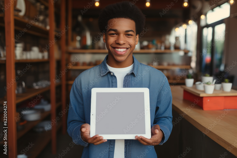 Afro-American Teen Student Showcasing Mockup Screen Template on Smartphone. Generative Ai Afro-American Teen Student Showcasing Mockup Screen Template on Smartphone. Generative Ai