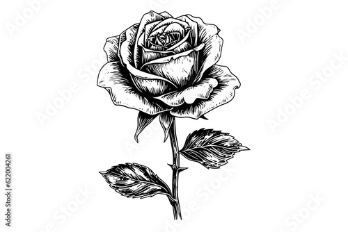 Vintage rose flower engraving calligraphic .Victorian style tattoo vector illustration
