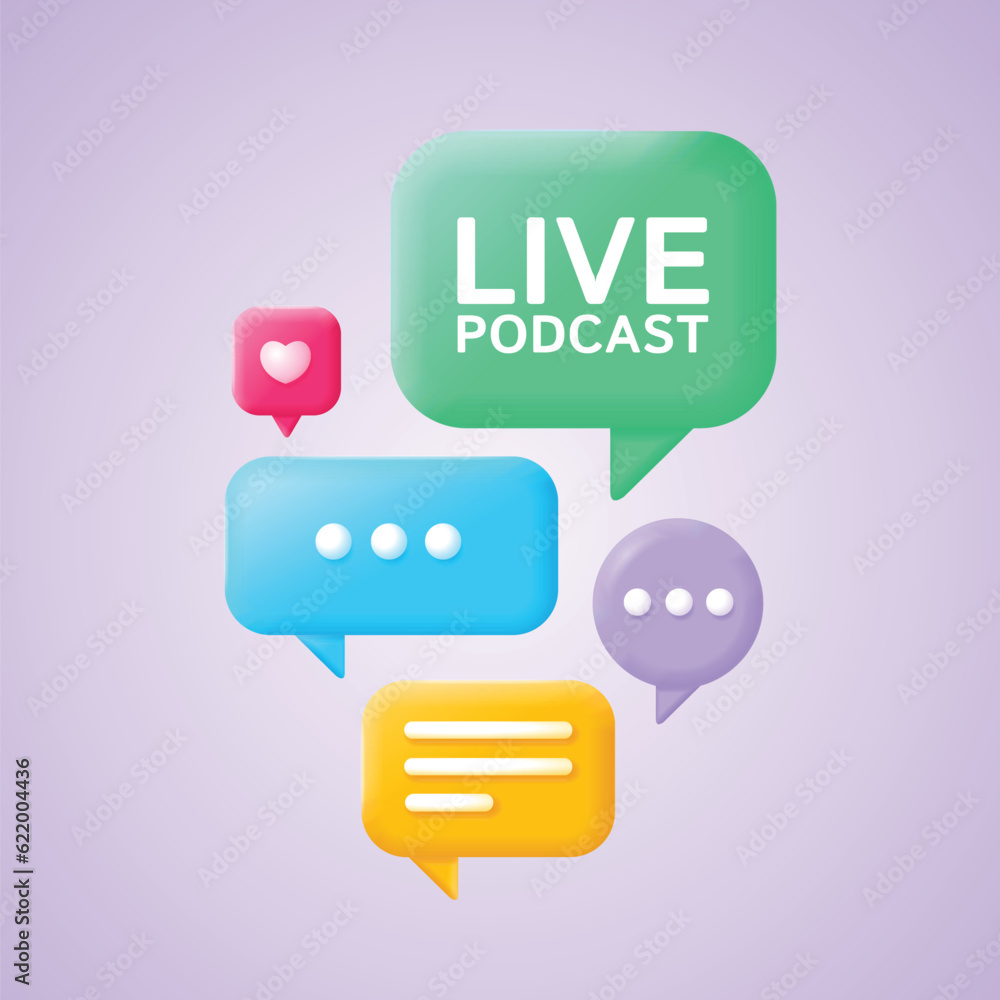 3d Live Podcast Broadcast Banner Concept Cartoon Style with Different Speech Bubbles. Vector illustration of Broadcasting