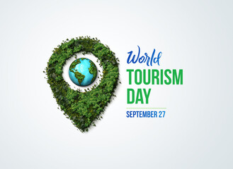 World tourism day creative 3d concept background. World Location Green 3d Icon illustration. Earth shape on location pin concept of World Tourism Day.