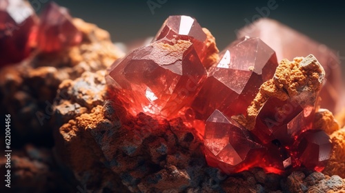 Rough red ruby crystal. Natural gemstone for jewetry. The concept of geology or mineralogy. Generative AI. Illustration for banner, poster, cover, brochure or presentation.