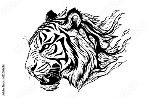 Tiger head hand drawn engraving style vector illustration.