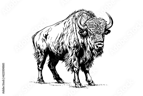 Hand drawn buffalo. Vector illustration of bull ink sketch engraving style.