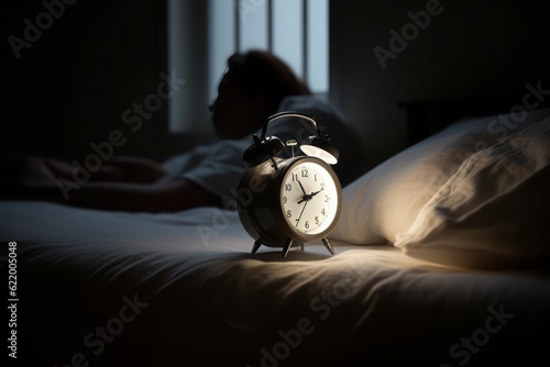 person waking up, Photographic Capture of an Illuminated Digital Modern Alarm Clock on a Bedside, Accompanying a Peacefully Sleeping Person