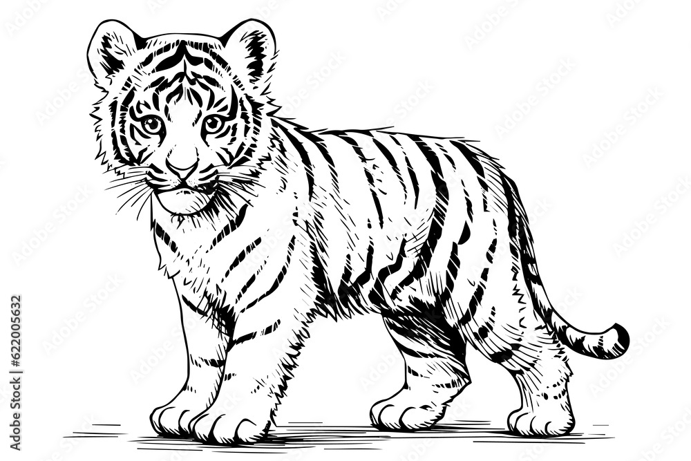 Naklejka premium Hand drawn engraving style sketch of a tiger cub, vector ink illustration.