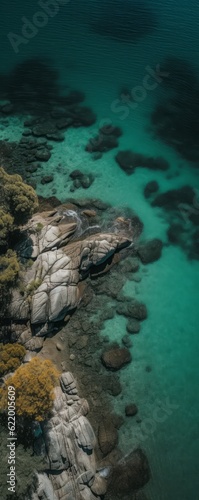 view of a reef in the sea, Photographic Capture of an Archipelago with a Blue Ocean, Offering a Breathtaking Bird's-Eye View of the Serene Shoreline