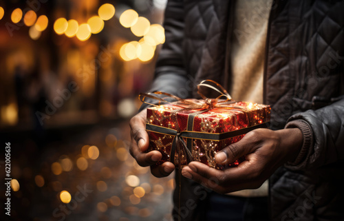 Elegance Wrapped: Man Holding Red Christmas Gifts with Textured Paper with Background Street- Ai Generative 