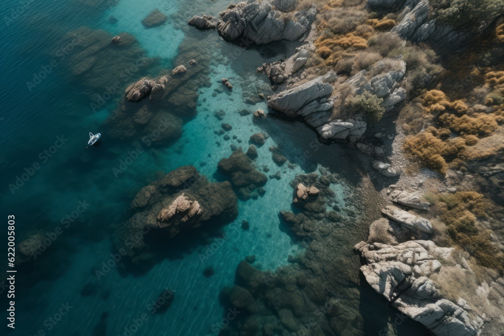 view of a reef in the sea, Photographic Capture of an Archipelago with a Blue Ocean, Offering a Breathtaking Bird's-Eye View of the Serene Shoreline