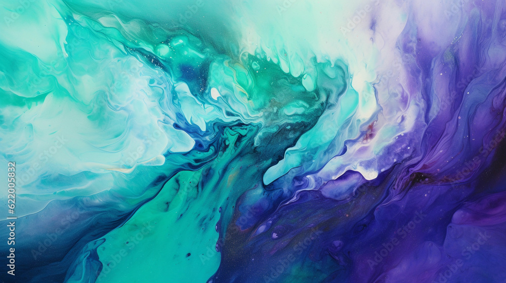 A fluid painting with swirling patterns of rich, deep blues, greens ...