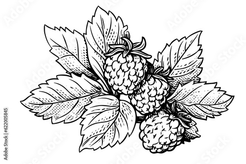 Raspberry branch hand drawing ink sketch. Engraving style vector illustration.