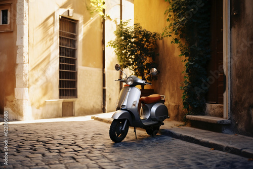 A lone   parked on a cobbled street in Rome, worn stone buildings surrounding it, vines crawling up the walls, warm sunlight filtering through