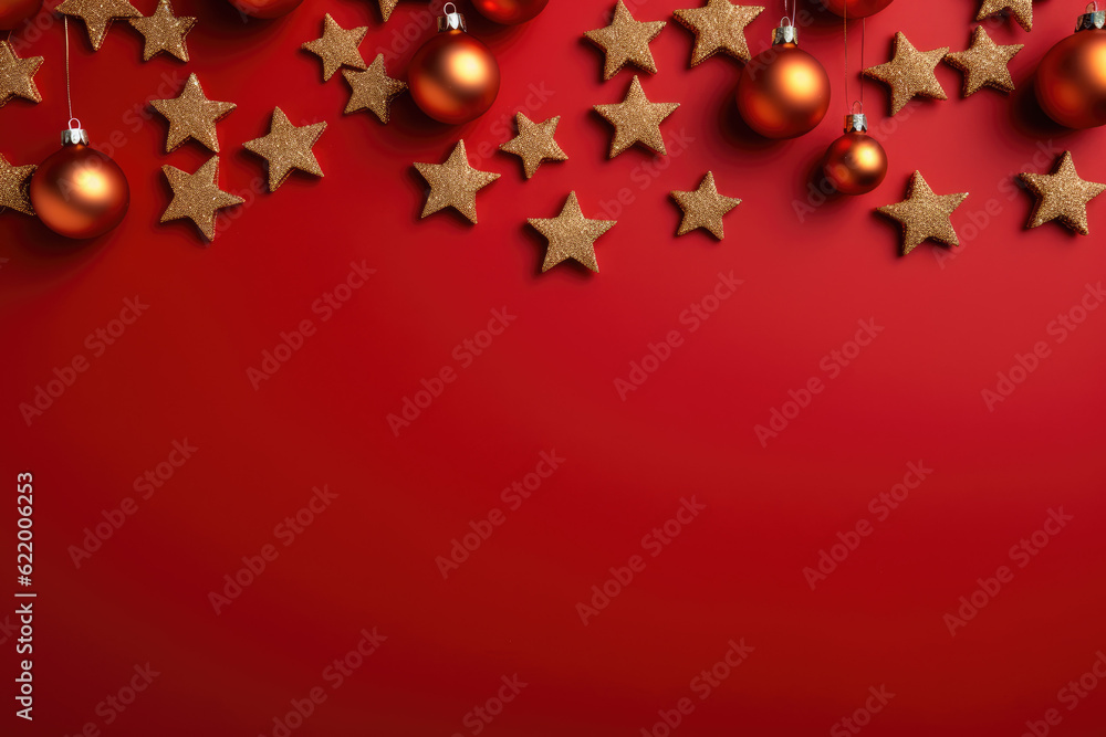 Obraz premium Christmas Tree Decorations Flat Lay: Stylishly Arranged Ornaments on a Red Background with Generous Copy Space for Your Message