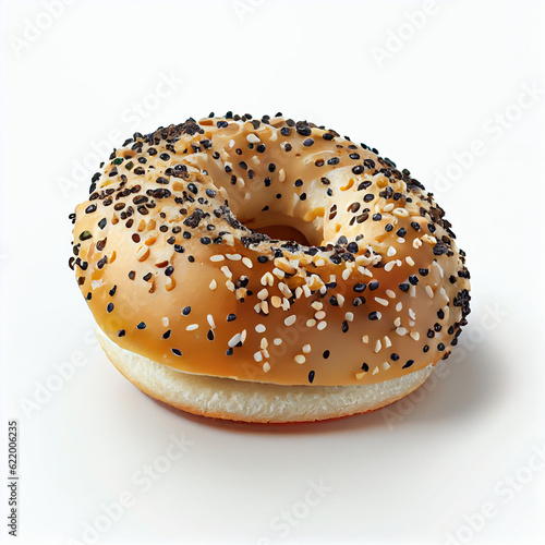 Freshly toasted sesame or everything bagel with cream cheese, breakfast concept, isolated on a white background Ai generated image © PixxStudio