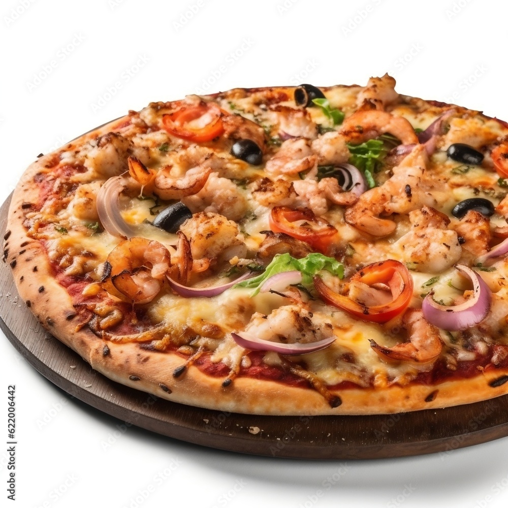 Pizza with seafood with isolated background generative ai Pizza with seafood with isolated background generative ai