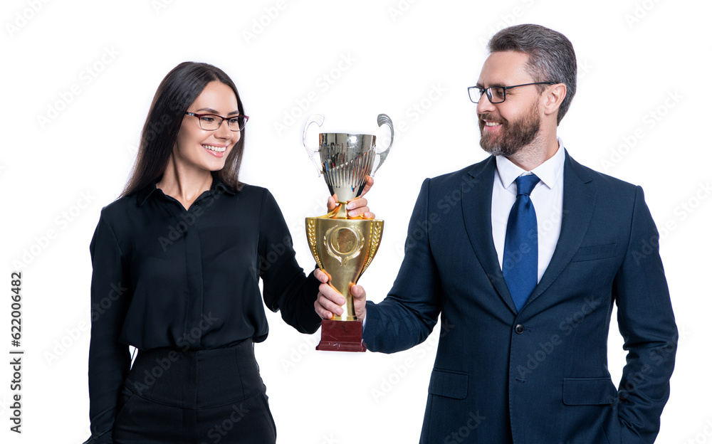 happy partners celebrate business success isolated on white background. happy partners celebrate business success isolated on white background.