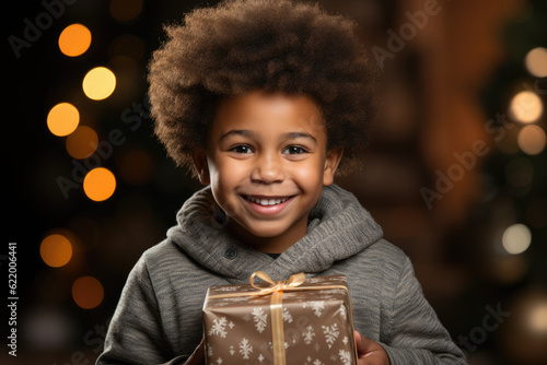 Happy black child receiving a Christmas gift. Festive background adds to the joyous moment. AI Generative © Mr. Bolota