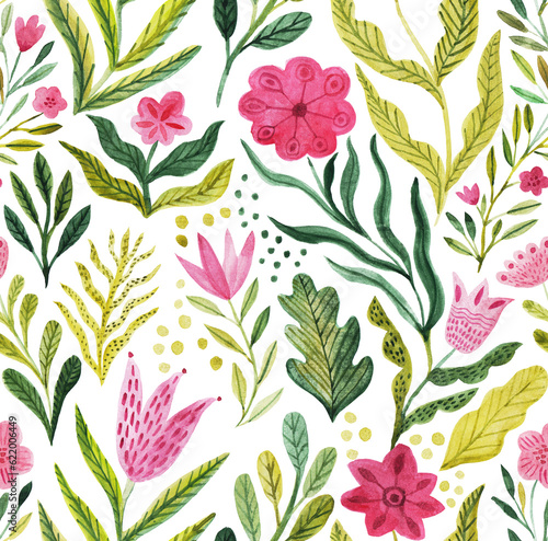 Fototapeta Naklejka Na Ścianę i Meble -  Watercolor floral seamless pattern, summer backdrop. Endless botanical wallpaper