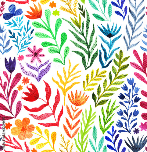 Watercolor floral seamless pattern, summer backdrop. Endless botanical wallpaper, rainbow colors (ID: 622006624)
