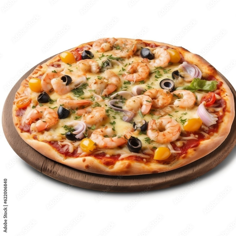 Pizza with seafood with isolated background generative ai