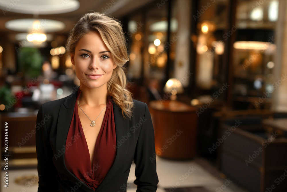 The receptionist of a luxury hotel at the lobby The receptionist of a luxury hotel at the lobby