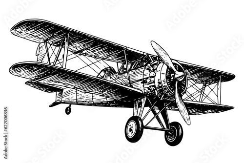 Hand drawn ink sketch of airplane. Engraving style vector illustration.