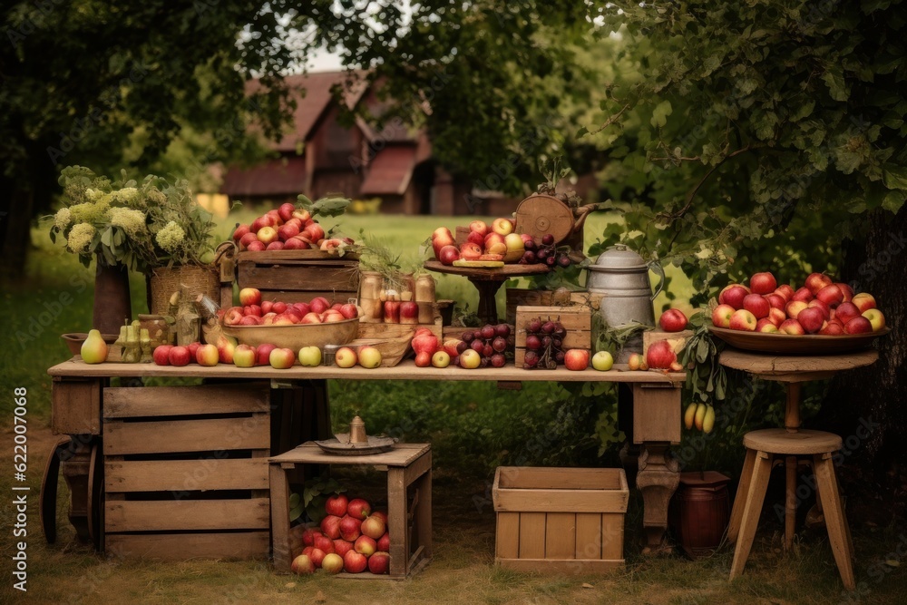 A picturesque sight awaits in the apple orchard, as a rustic wooden table takes center stage, beautifully adorned with an assortment of items, Generative AI