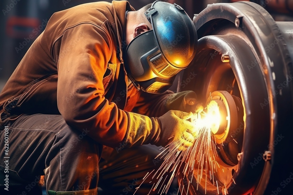 A dynamic visual representation of Industrial 4.0 in action: A skilled welder is hard at work, performing precise welds inside a pipe for the construction of an NLG Natural Gas and Fuels Generative AI A dynamic visual representation of Industrial 4.0 in action: A skilled welder is hard at work, performing precise welds inside a pipe for the construction of an NLG Natural Gas and Fuels Generative AI