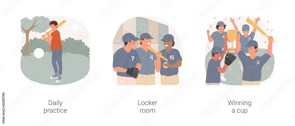 Fototapeta premium Baseball isolated cartoon vector illustration set. Daily training, teen practice with bat, teenage baseball team socialize locker room, winning a cup, players celebrating victory vector cartoon.