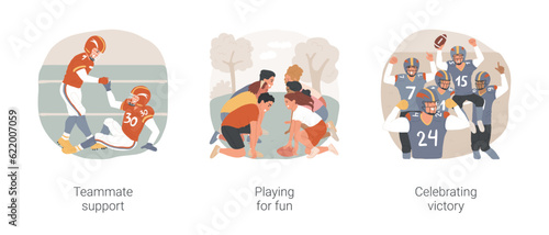 American football isolated cartoon vector illustration set. Teammate support,boy helping player to get up, group of teens playing football for fun, celebrate victory, win tournament vector cartoon.