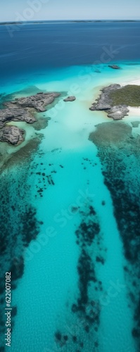 view of a reef in the sea, Photographic Capture of an Archipelago with a Blue Ocean, Offering a Breathtaking Bird's-Eye View of the Serene Shoreline © Ben