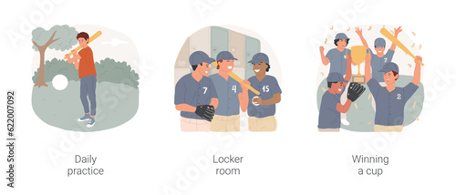 Baseball isolated cartoon vector illustration set. Daily training, teen practice with bat, teenage baseball team socialize locker room, winning a cup, players celebrating victory vector cartoon.