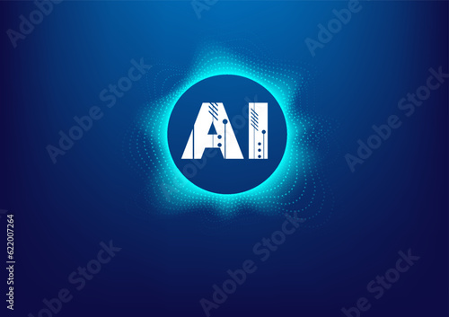 AI Artificial intelligence logo text with circle wave blue background technology. High tech concept. For big data processing, machine learning, ai trading, technology background