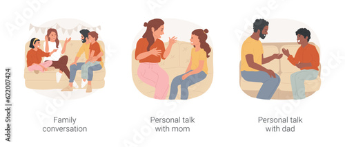Obraz na płótnie Family talks isolated cartoon vector illustration set. Family conversation, teen daughter having personal talk with mom, dialogue with dad, discussing plans, communication vector cartoon. w salonie