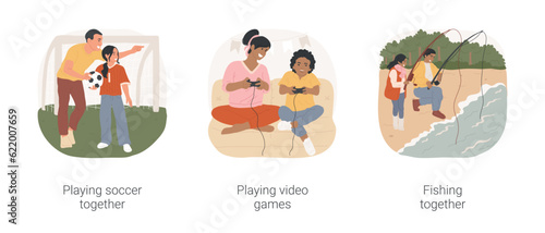 Family activities isolated cartoon vector illustration set. Father and daughter playing soccer, mom and son play video games, dad and teenage child fishing together, good relation vector cartoon.
