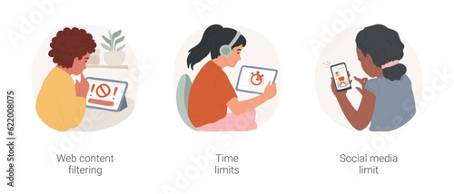 Parental control isolated cartoon vector illustration set. Web content filtering, block icon on screen, child receiving time out message on device, social media limiting app vector cartoon. photo