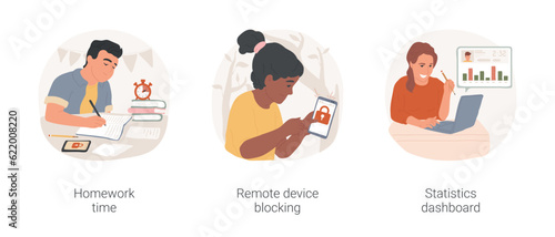 Parental control applications isolated cartoon vector illustration set. Homework time without gadget, teen has lock icon on screen, remote device blocking, statistics dashboard vector cartoon.