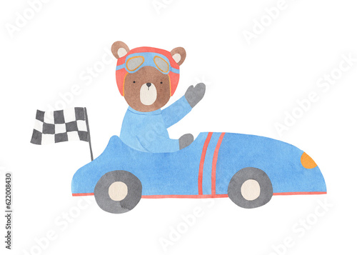 Racer Bear in a Car Watercolor Illustrtion - formula 1 hand painted animal with a red helmet for baby shower  greeting cards  it s a boy  nursery sport design